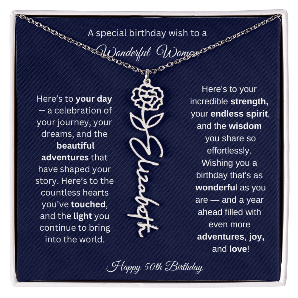 Happy 50th Birthday - Personalized Birth Flower Name Necklace with Message Card