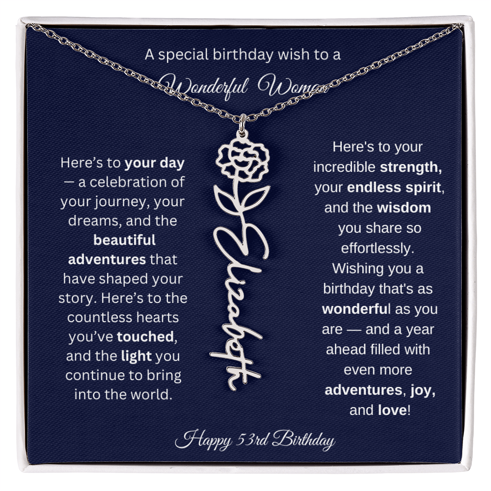 Happy 53rd Birthday - Personalized Birth Flower Name Necklace with Message Card