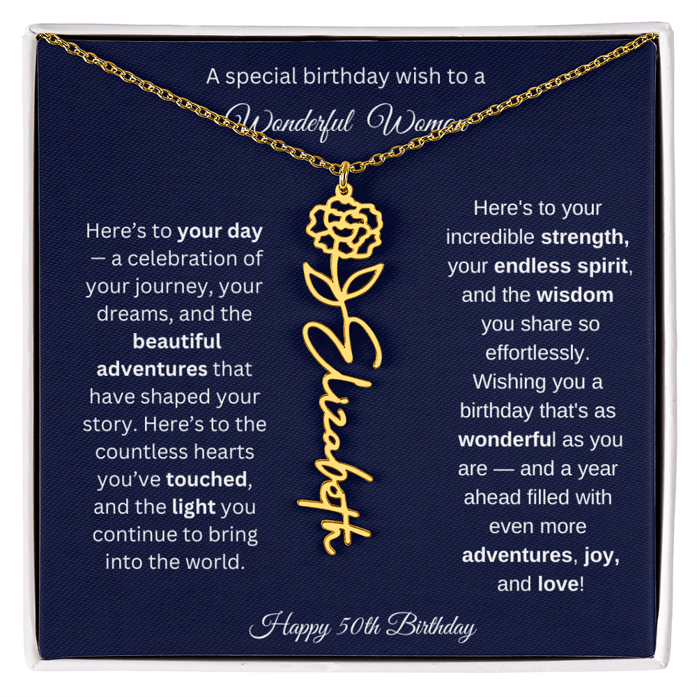 Happy 50th Birthday - Personalized Birth Flower Name Necklace with Message Card