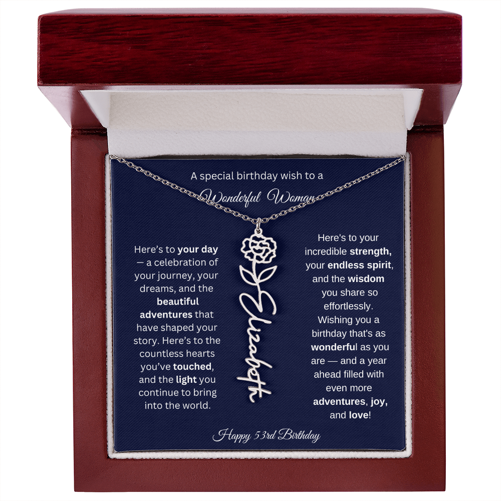 Happy 53rd Birthday - Personalized Birth Flower Name Necklace with Message Card