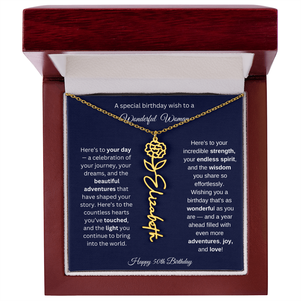 Happy 50th Birthday - Personalized Birth Flower Name Necklace with Message Card