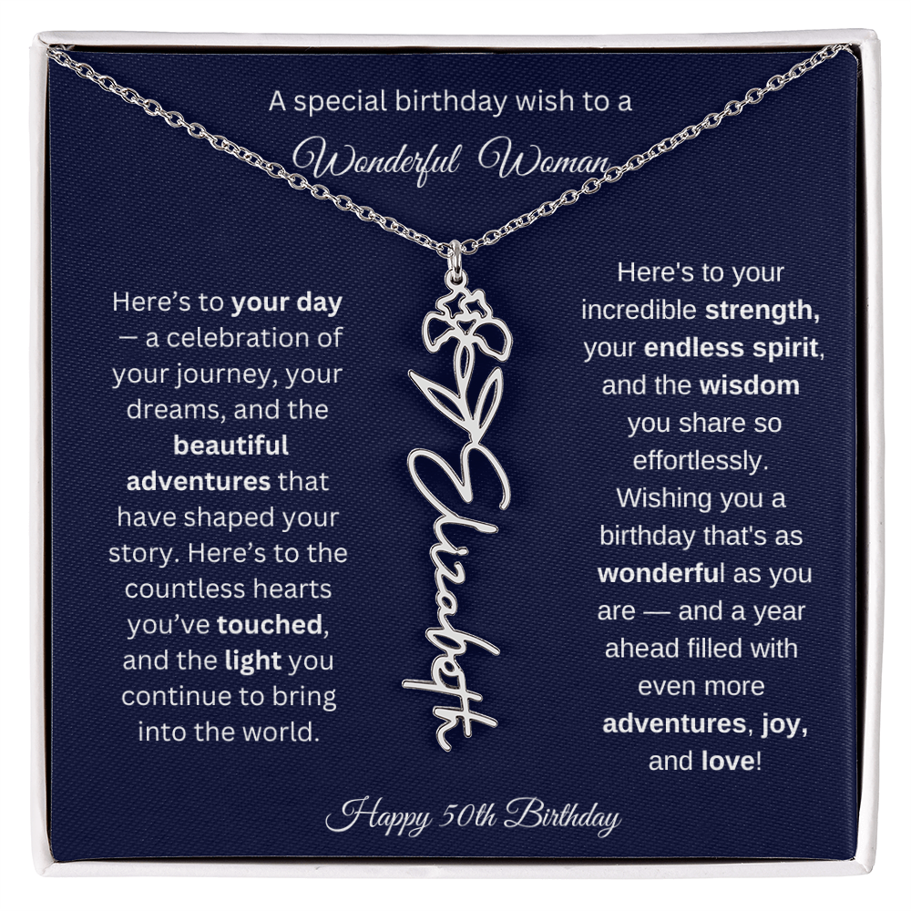 Happy 50th Birthday - Personalized Birth Flower Name Necklace with Message Card