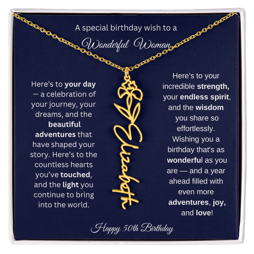 Happy 50th Birthday - Personalized Birth Flower Name Necklace with Message Card