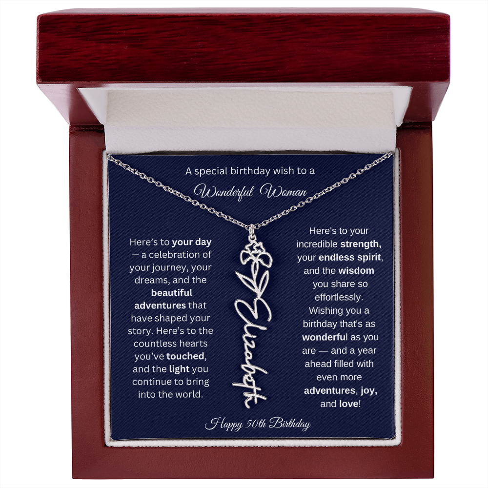Happy 50th Birthday - Personalized Birth Flower Name Necklace with Message Card