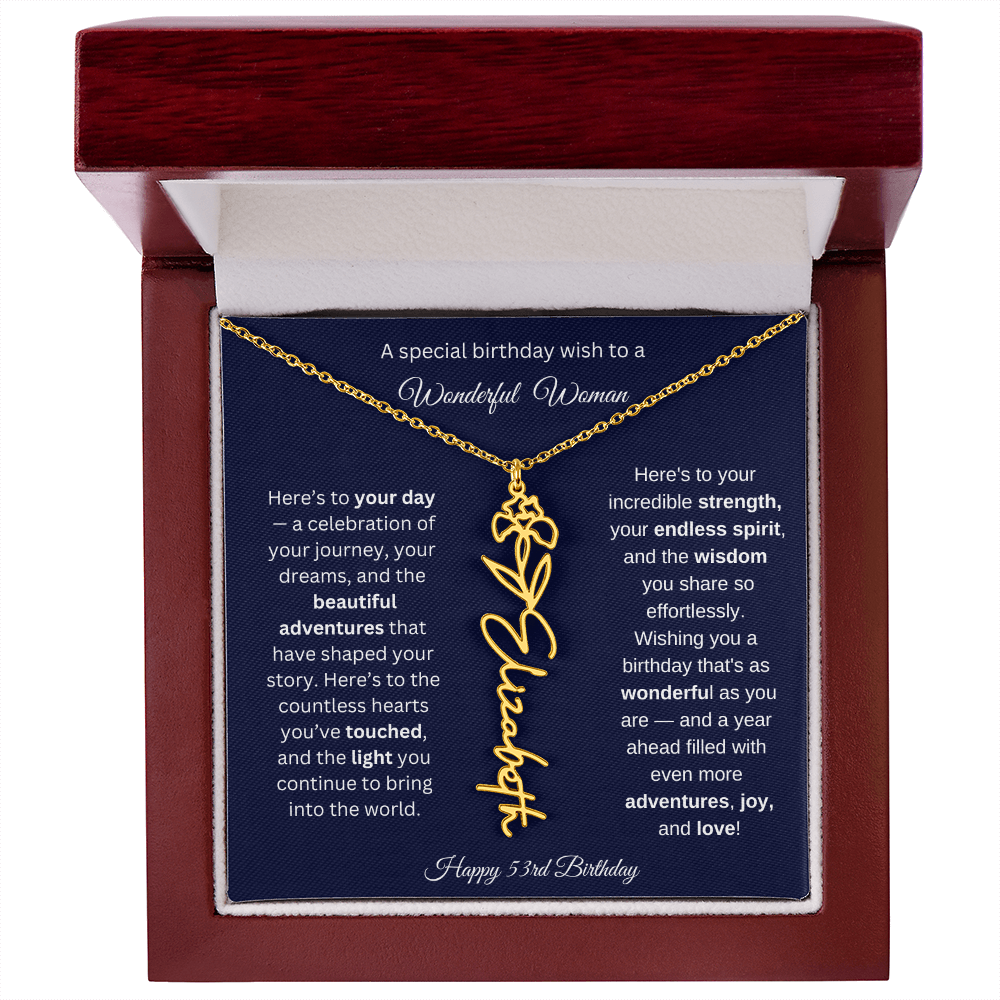 Happy 53rd Birthday - Personalized Birth Flower Name Necklace with Message Card