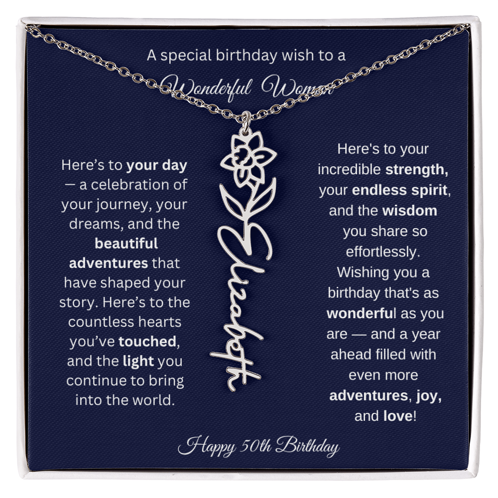 Happy 50th Birthday - Personalized Birth Flower Name Necklace with Message Card