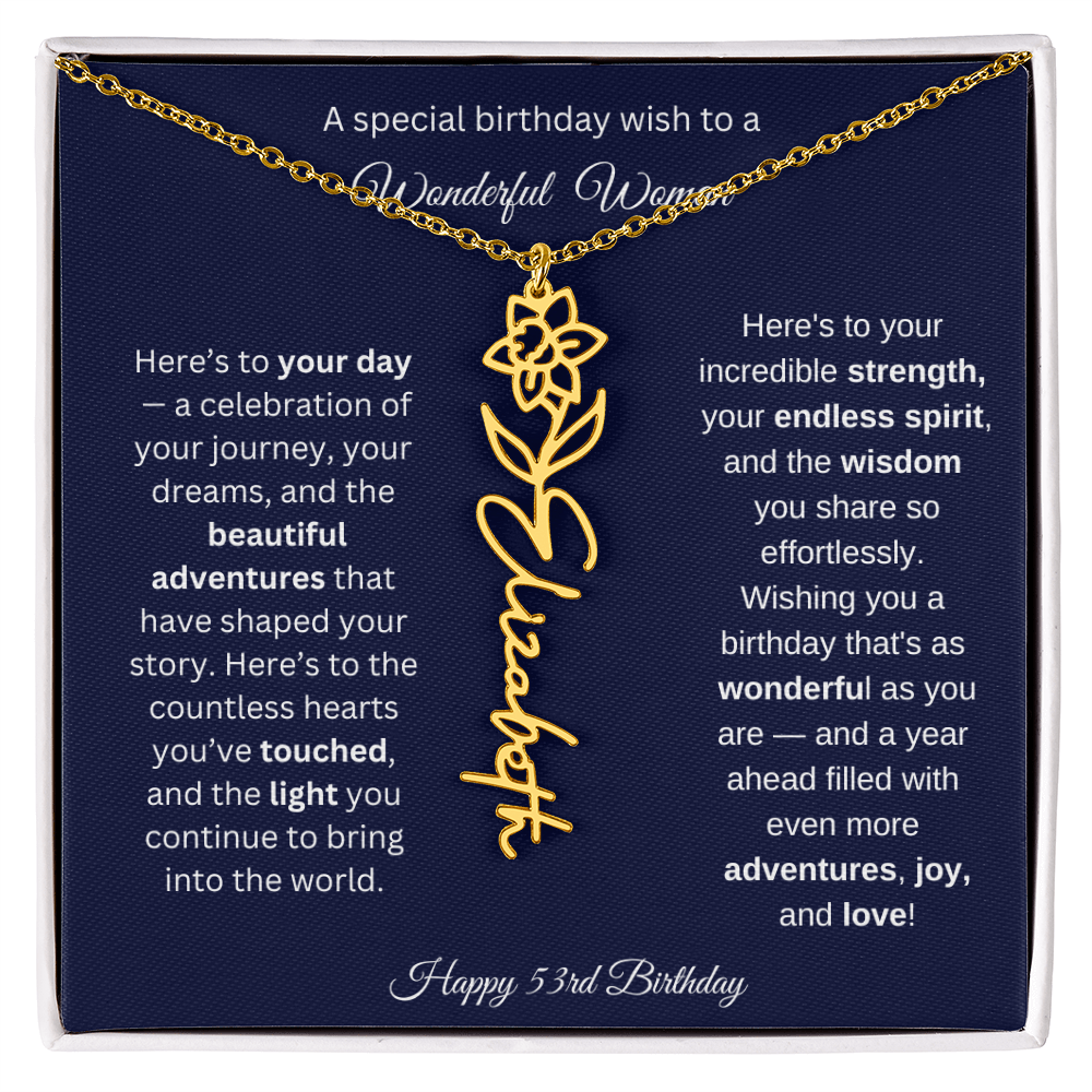 Happy 53rd Birthday - Personalized Birth Flower Name Necklace with Message Card