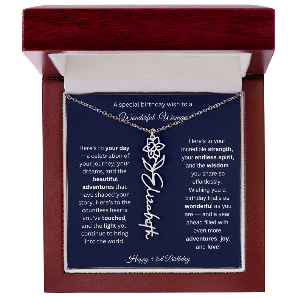 Happy 53rd Birthday - Personalized Birth Flower Name Necklace with Message Card