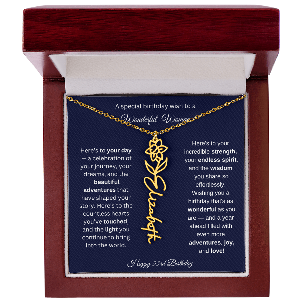 Happy 53rd Birthday - Personalized Birth Flower Name Necklace with Message Card