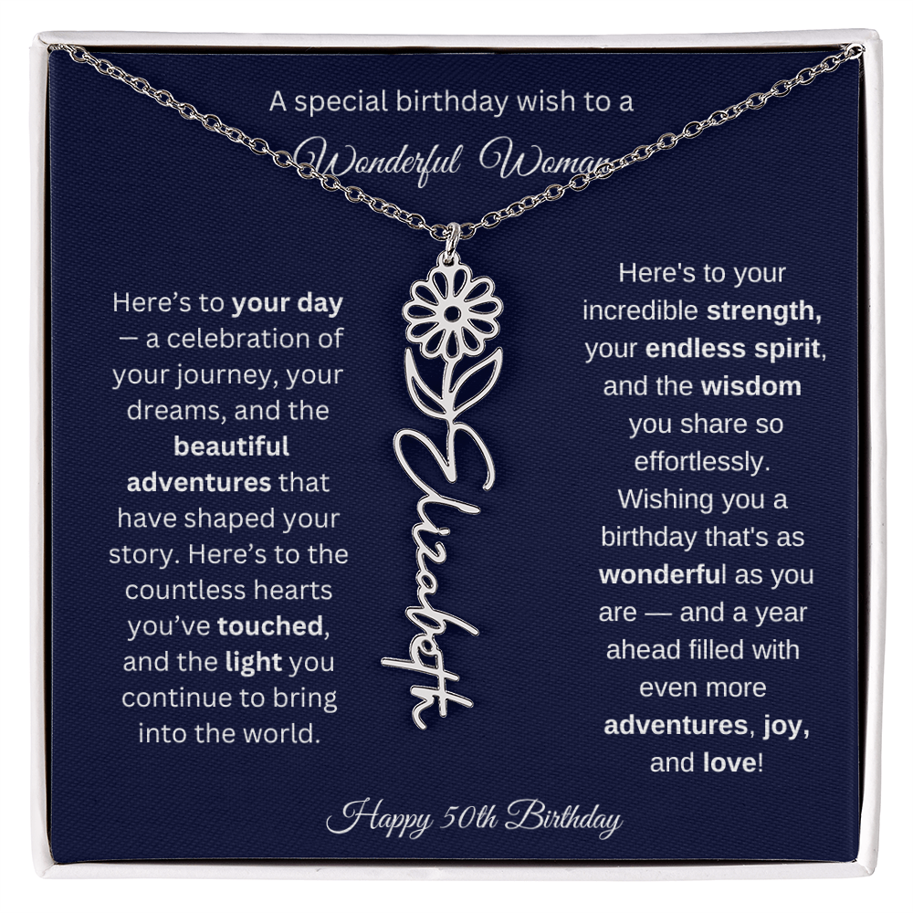 Happy 50th Birthday - Personalized Birth Flower Name Necklace with Message Card