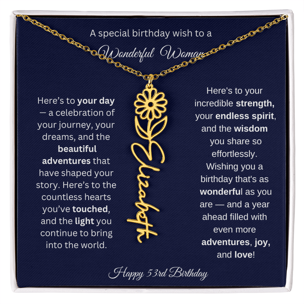 Happy 53rd Birthday - Personalized Birth Flower Name Necklace with Message Card
