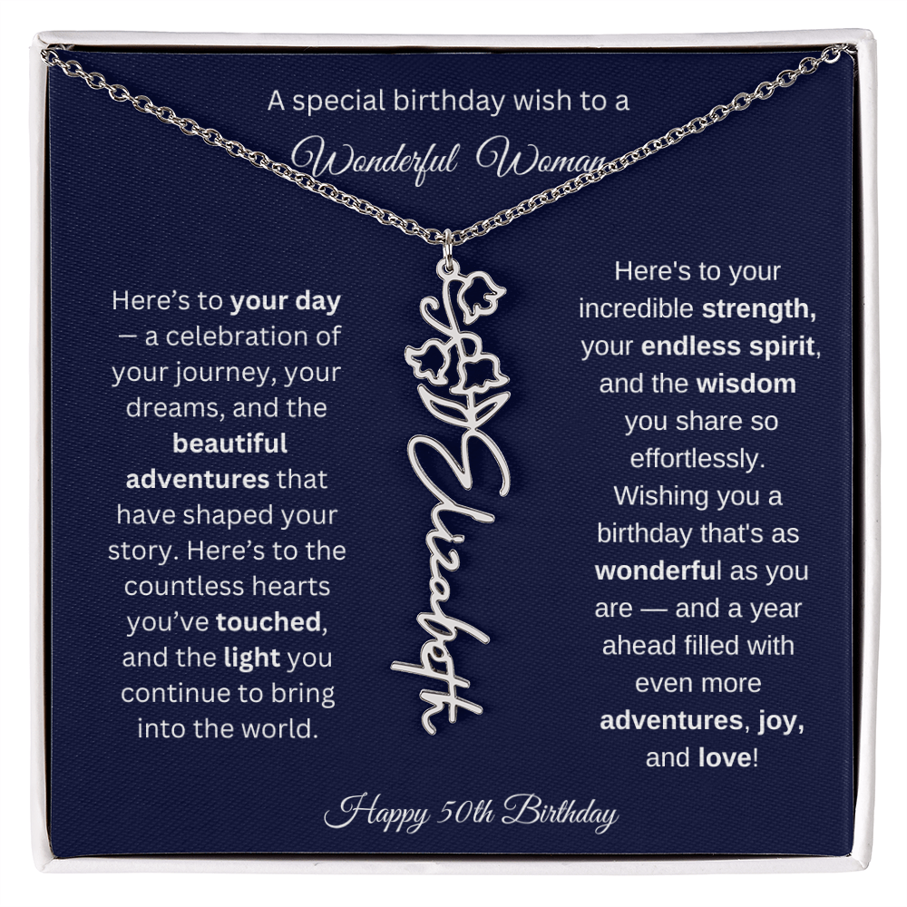 Happy 50th Birthday - Personalized Birth Flower Name Necklace with Message Card