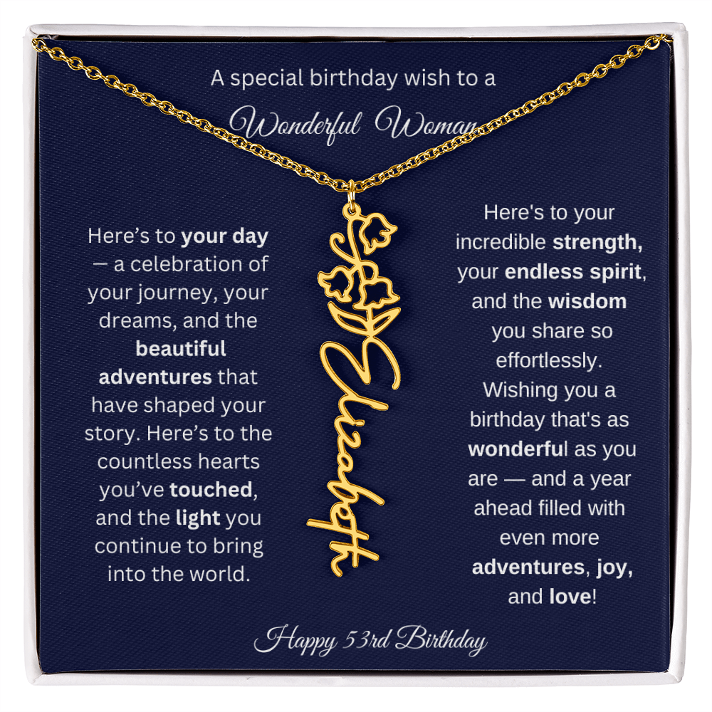 Happy 53rd Birthday - Personalized Birth Flower Name Necklace with Message Card