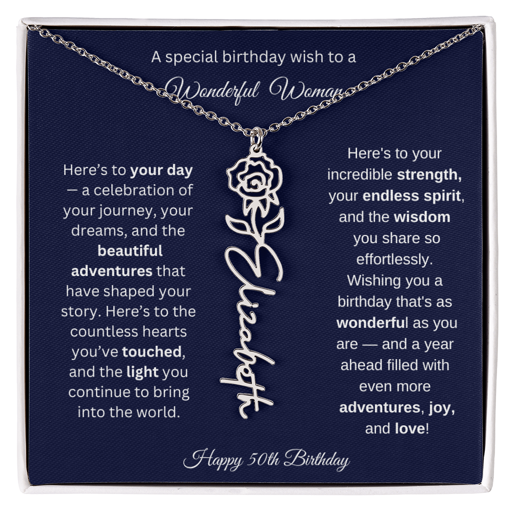 Happy 50th Birthday - Personalized Birth Flower Name Necklace with Message Card