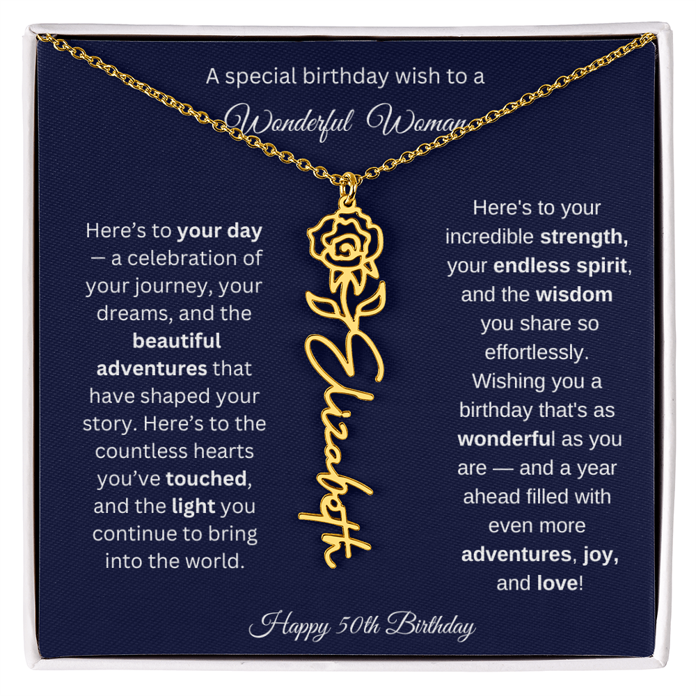Happy 50th Birthday - Personalized Birth Flower Name Necklace with Message Card