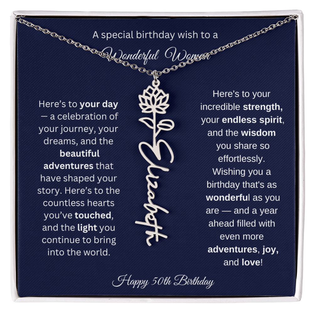 Happy 50th Birthday - Personalized Birth Flower Name Necklace with Message Card