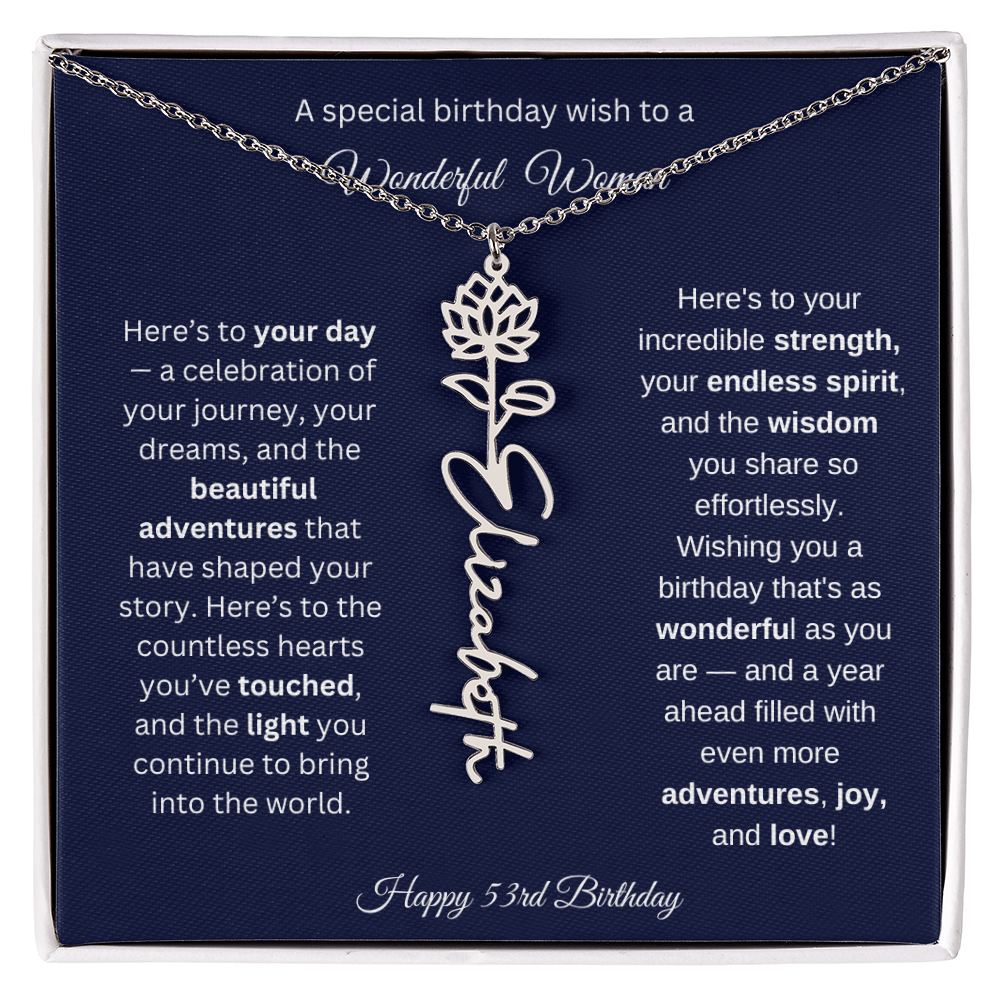 Happy 53rd Birthday - Personalized Birth Flower Name Necklace with Message Card