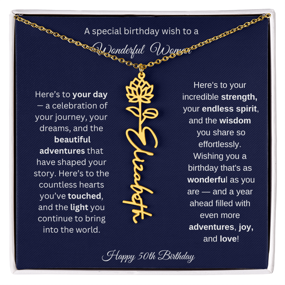 Happy 50th Birthday - Personalized Birth Flower Name Necklace with Message Card