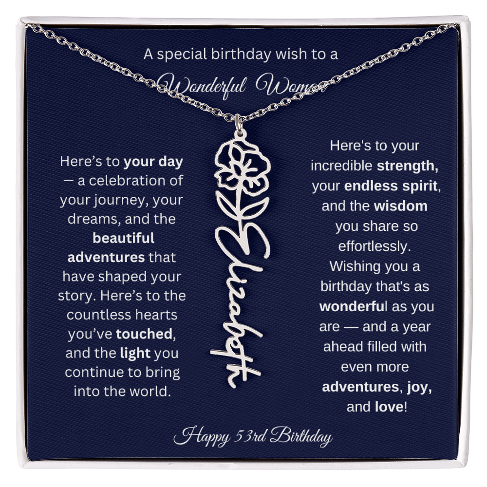 Happy 53rd Birthday - Personalized Birth Flower Name Necklace with Message Card