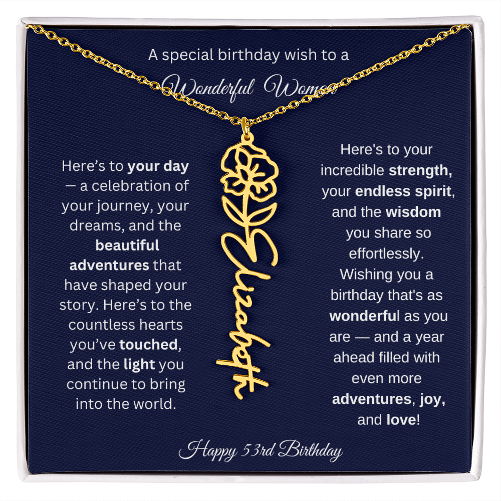 Happy 53rd Birthday - Personalized Birth Flower Name Necklace with Message Card