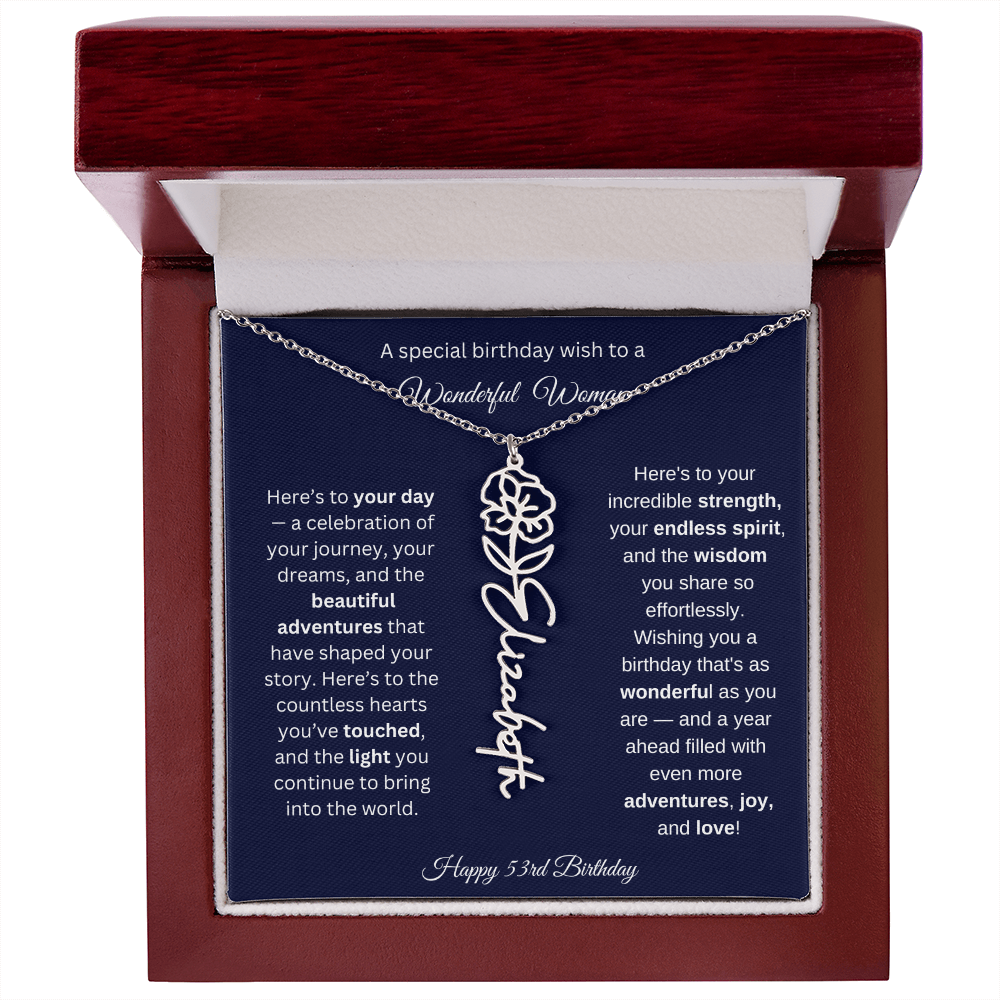 Happy 53rd Birthday - Personalized Birth Flower Name Necklace with Message Card