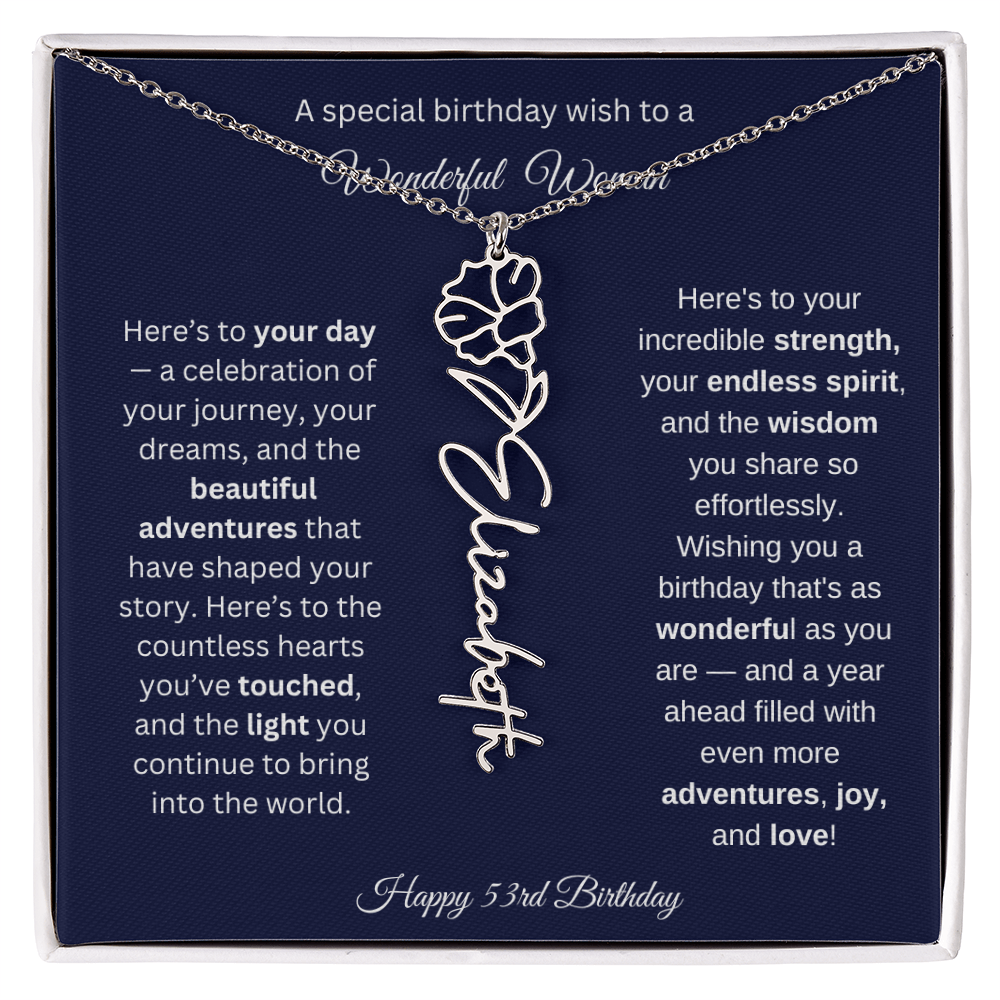 Happy 53rd Birthday - Personalized Birth Flower Name Necklace with Message Card