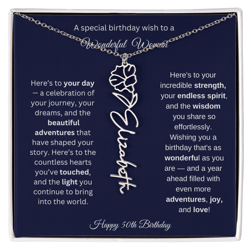 Happy 50th Birthday - Personalized Birth Flower Name Necklace with Message Card