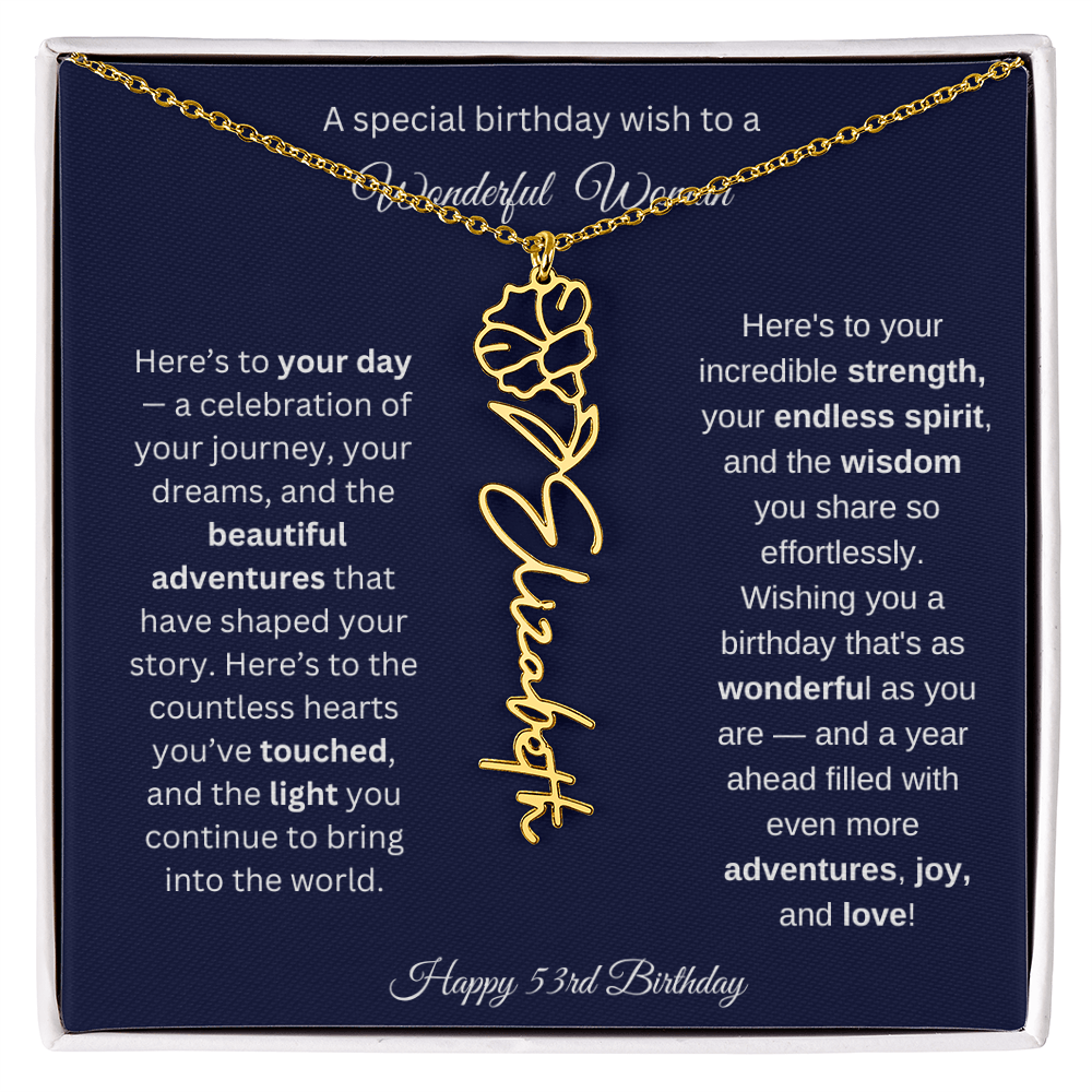 Happy 53rd Birthday - Personalized Birth Flower Name Necklace with Message Card