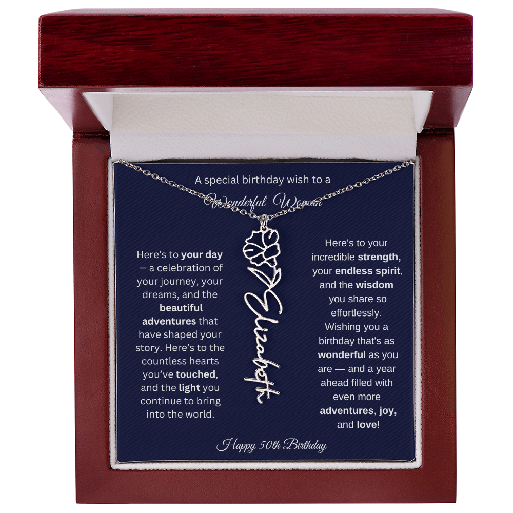 Happy 50th Birthday - Personalized Birth Flower Name Necklace with Message Card