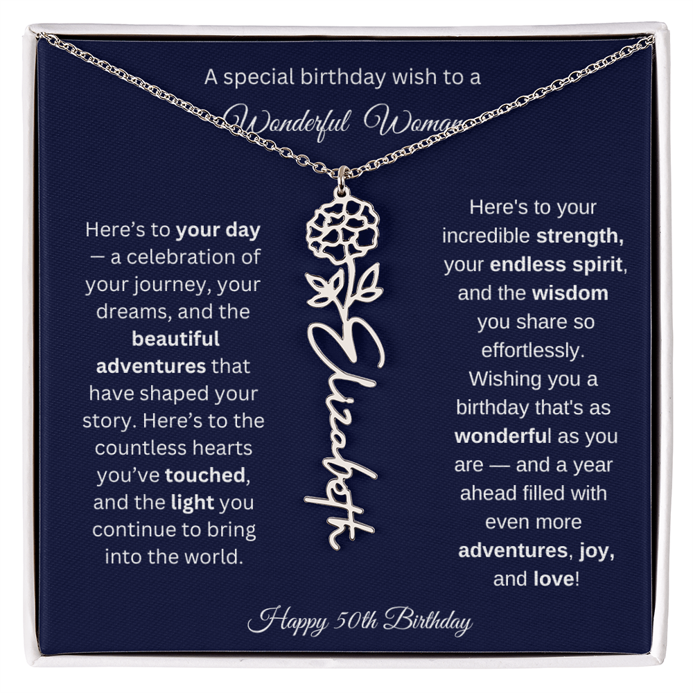 Happy 50th Birthday - Personalized Birth Flower Name Necklace with Message Card