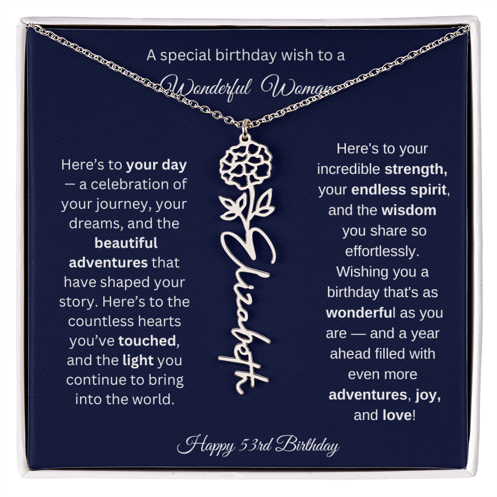 Happy 53rd Birthday - Personalized Birth Flower Name Necklace with Message Card
