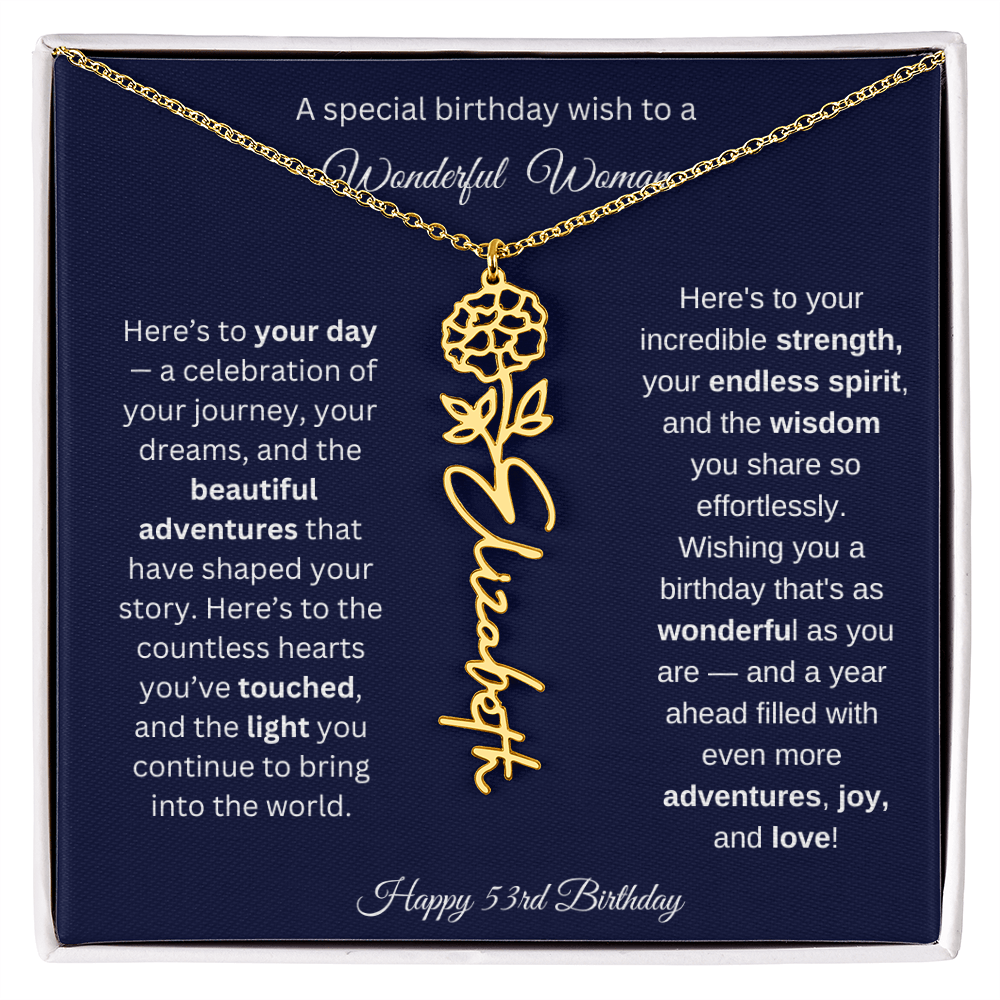 Happy 53rd Birthday - Personalized Birth Flower Name Necklace with Message Card