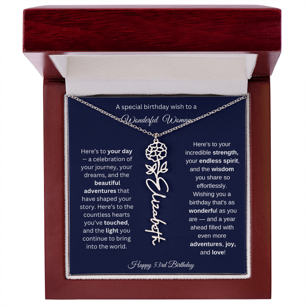 Happy 53rd Birthday - Personalized Birth Flower Name Necklace with Message Card