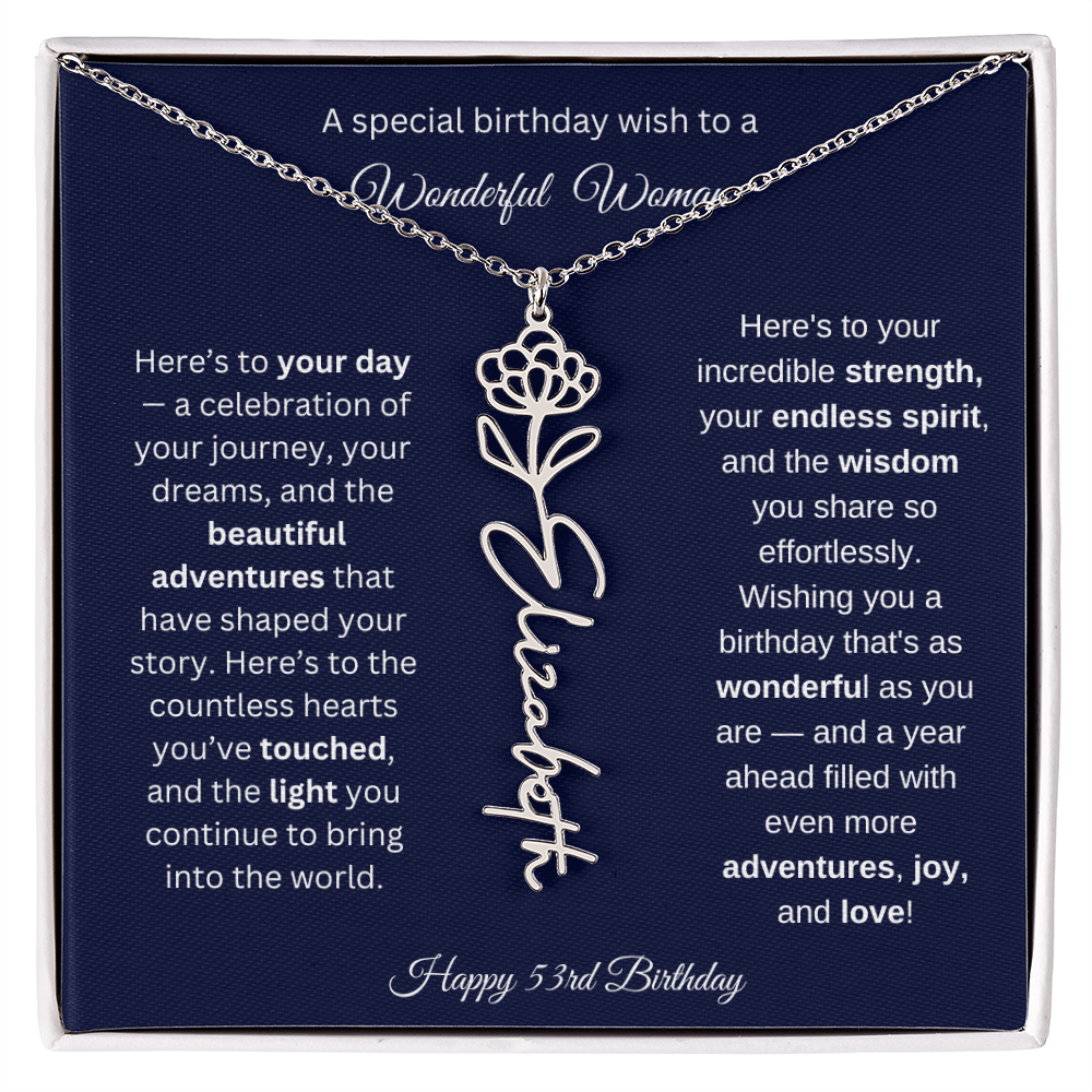 Happy 53rd Birthday - Personalized Birth Flower Name Necklace with Message Card