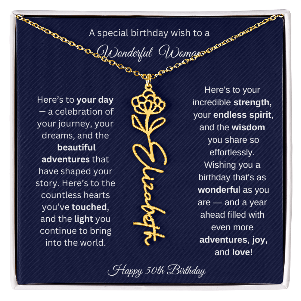 Happy 50th Birthday - Personalized Birth Flower Name Necklace with Message Card