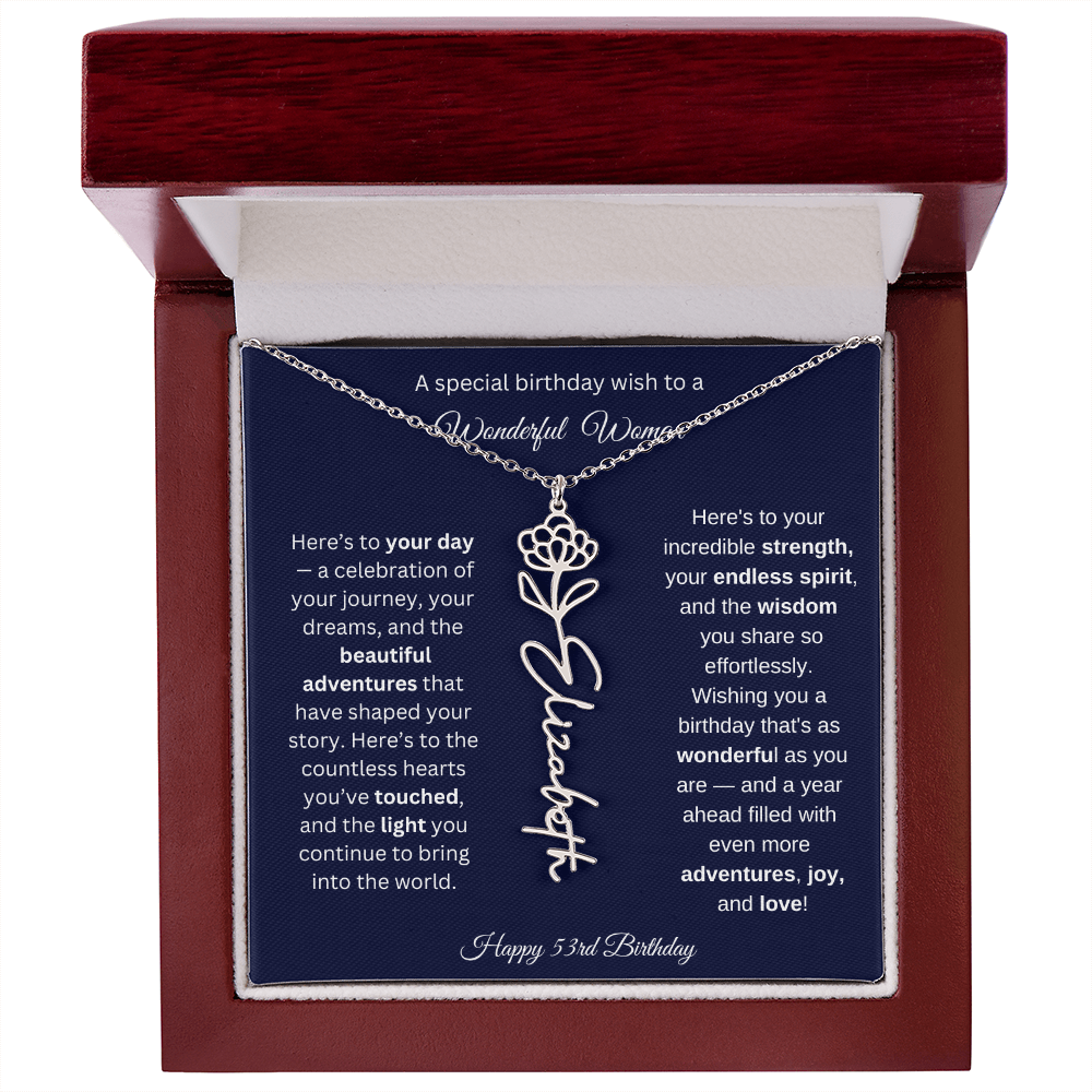 Happy 53rd Birthday - Personalized Birth Flower Name Necklace with Message Card