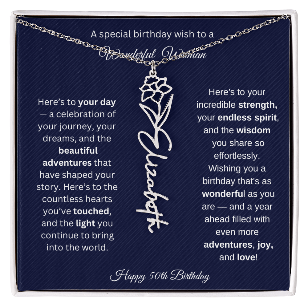 Happy 50th Birthday - Personalized Birth Flower Name Necklace with Message Card