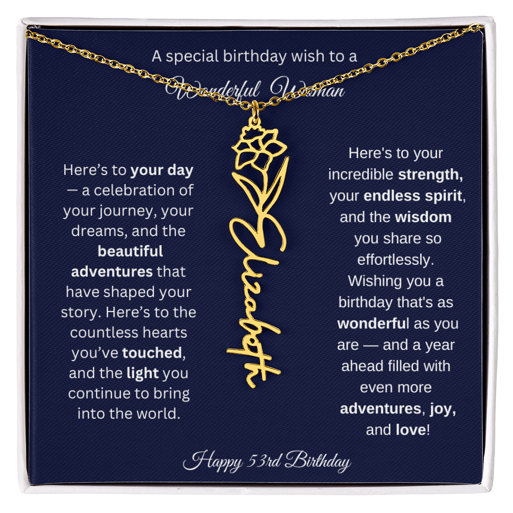 Happy 53rd Birthday - Personalized Birth Flower Name Necklace with Message Card