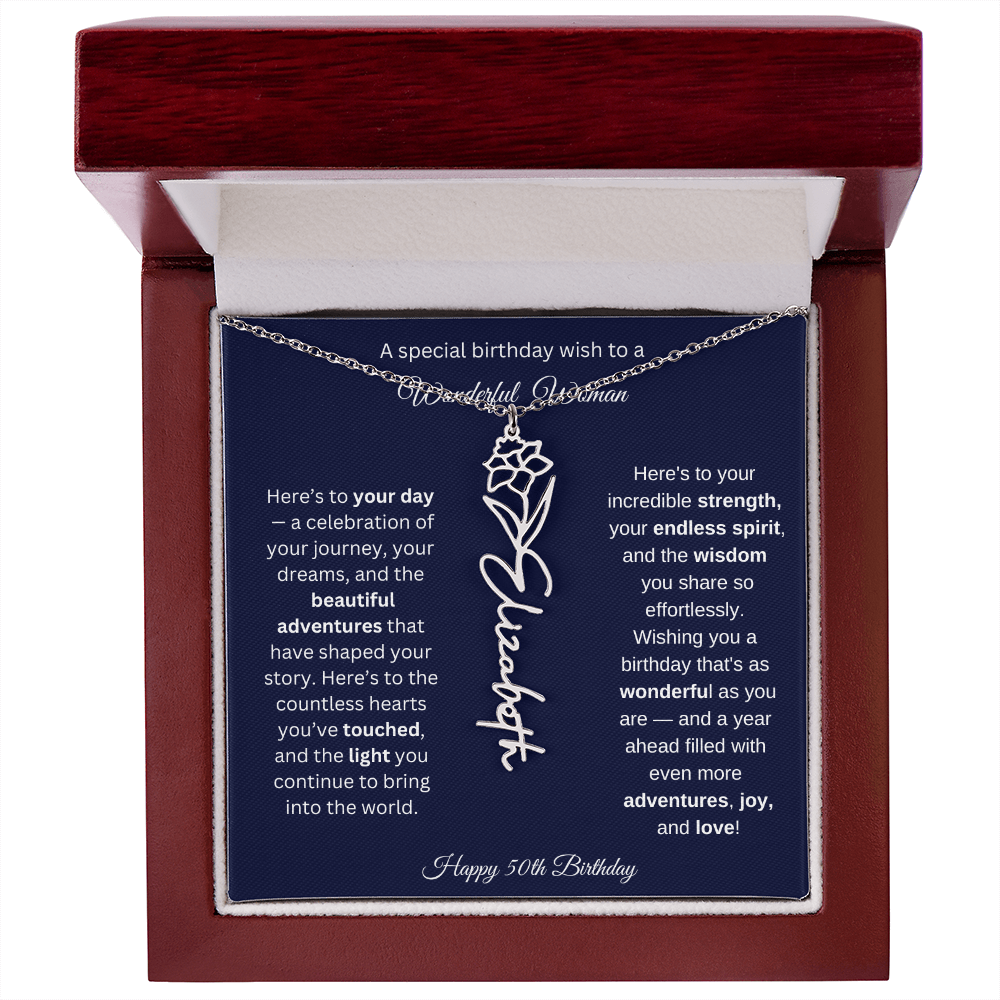 Happy 50th Birthday - Personalized Birth Flower Name Necklace with Message Card