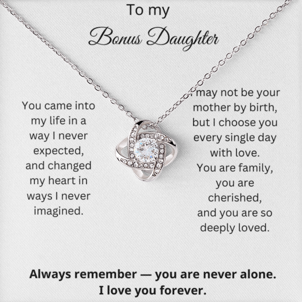 To My Bonus Daughter - You Are Never Alone - Love Knot Necklace with Red Heart Rose Box