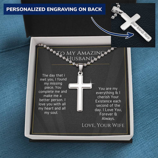 To My Amazing Husband - The Day I Met You - Personalized Cross Necklace Military Ball Chain