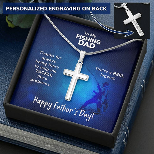 To My Fishing Dad - You're A Reel Legend - Personalized Cross Necklace