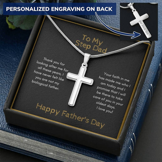 To My Step Dad - Thank You - Personalized Cross Necklace