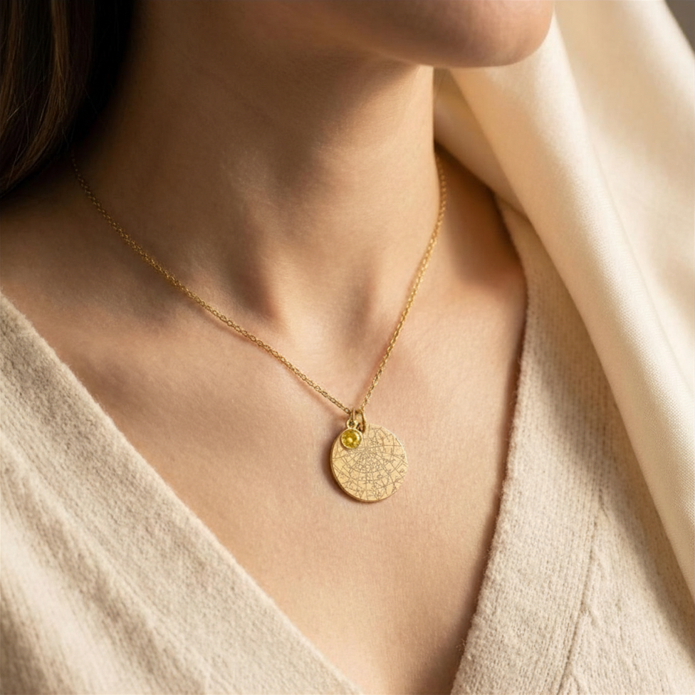 The Stars Aligned | Happy Birthday | Personalized Star Map Coin Necklace with Birthstone
