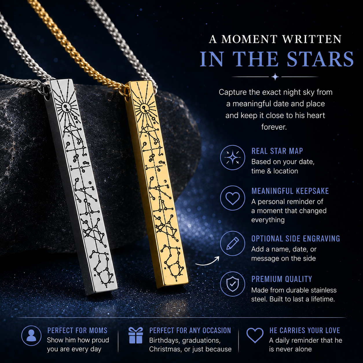 To Amazing Son | On The Night You Were Born | Star Map Cuban 3D Bar Necklace