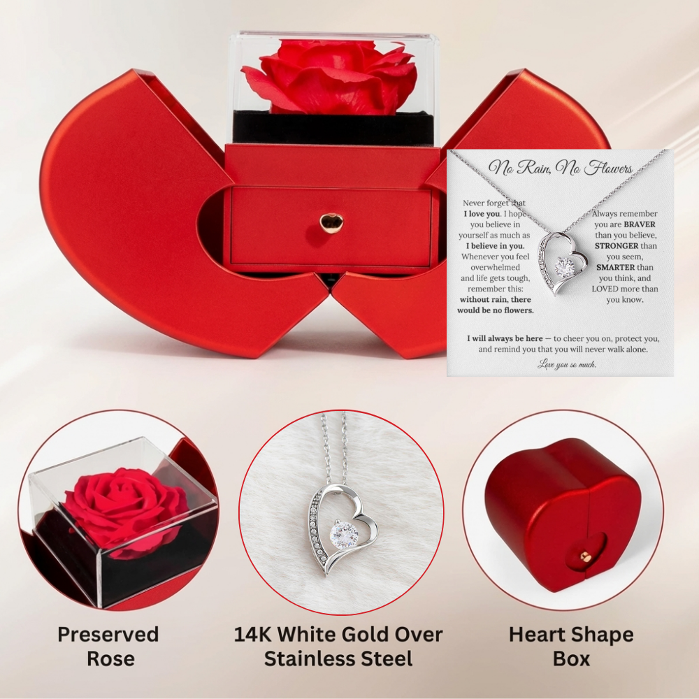 No Rain No Flowers Forever Love Necklace Heart Gift Box