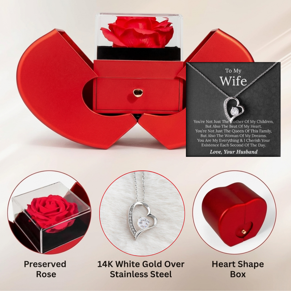 To My Wife - Beat Of My Heart - Forever Love Necklace with Red Heart Rose Box
