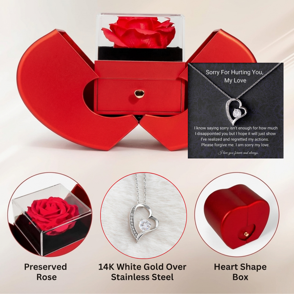 Sorry My Love | I Love You Forever & Always | Forever Love Necklace with Red Heart Rose Box