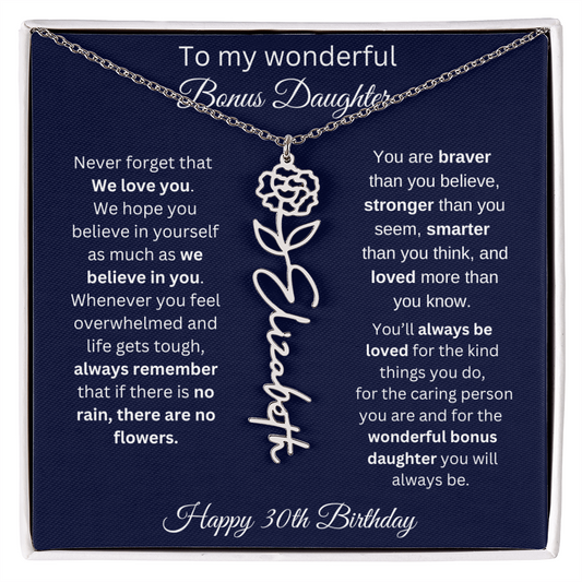To My Wonderful Bonus Daughter - Happy 30th Birthday - Flower Name Necklace