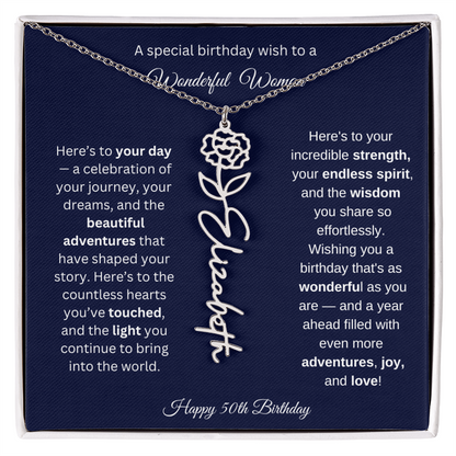 Happy 50th Birthday - Personalized Birth Flower Name Necklace with Message Card